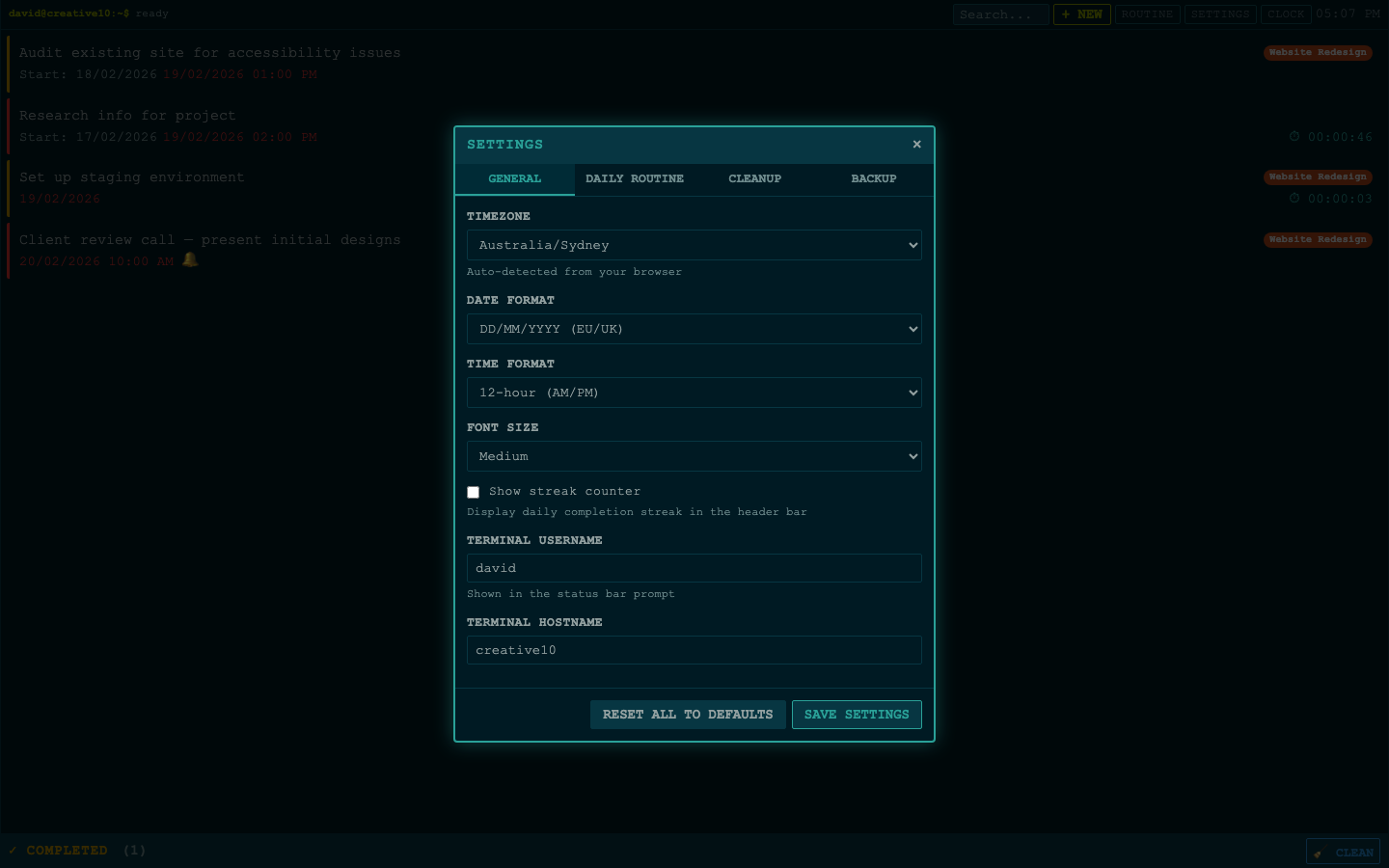 Settings panel with timezone, date format, and customisation options