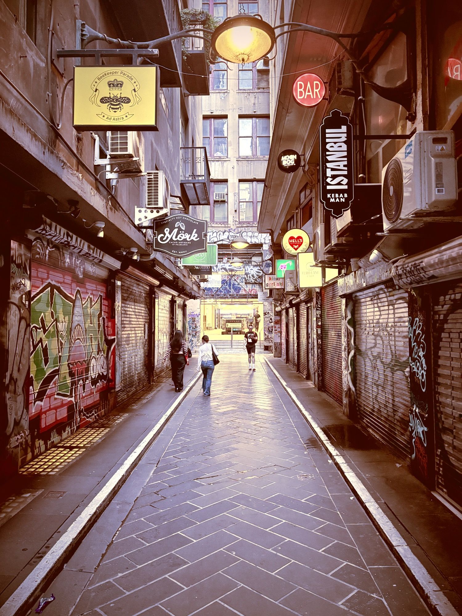 Narrow laneway lined with hanging signs and lamps, roller shutters covered in graffiti, people walking toward the light at the far end
