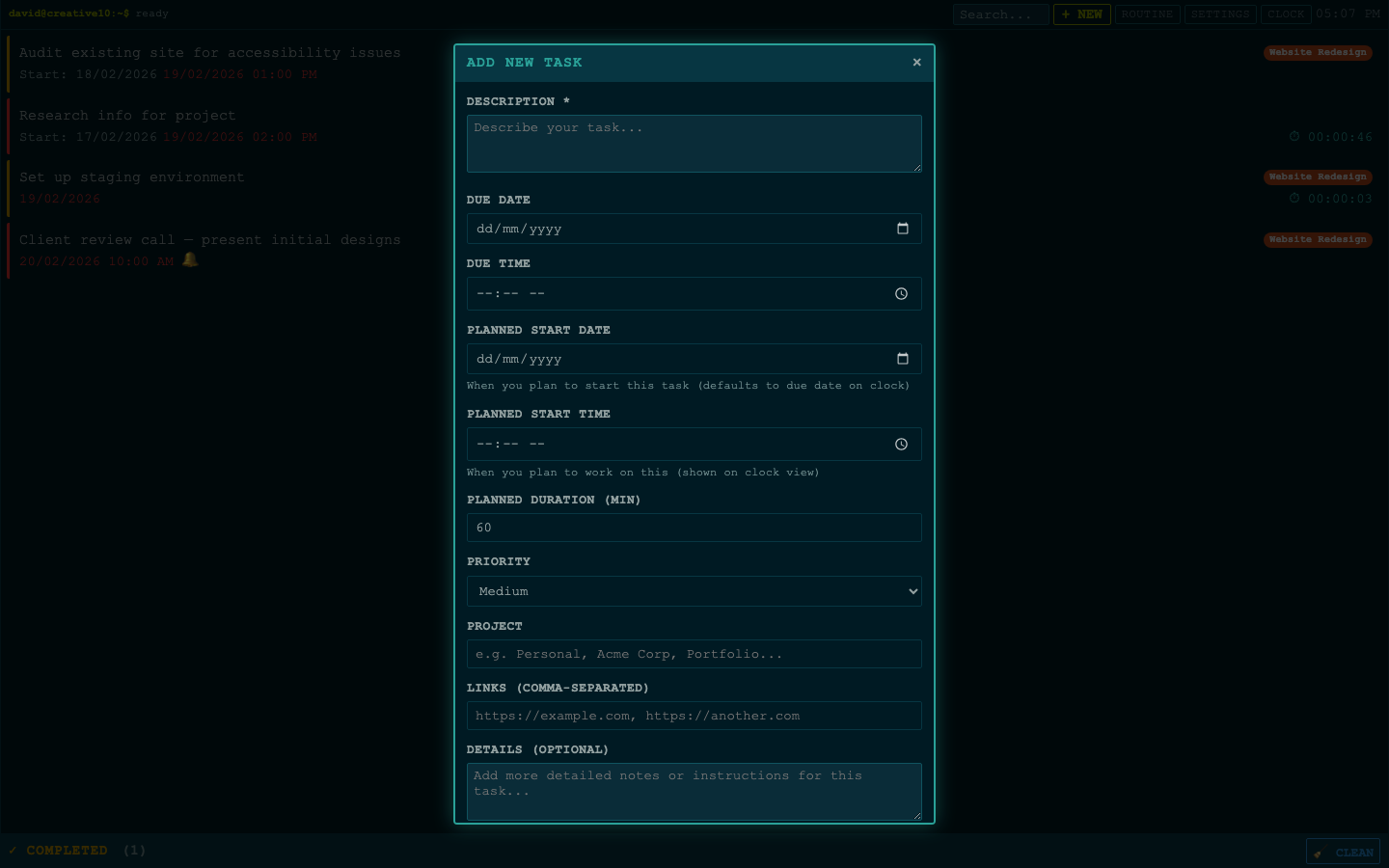 Add new task form with due dates, priority, project categories, and more
