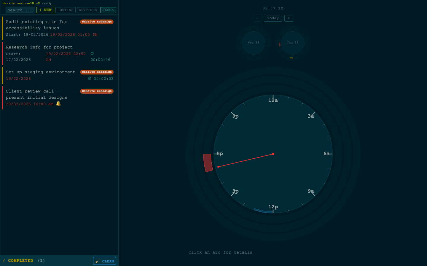 Analog clock view showing scheduled tasks as arcs on a 12-hour dial